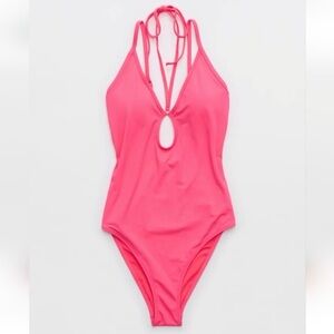 AE Aerie Cheeky Pink Halter Strappy V Neck Plunge One Piece Swimsuit Size Large